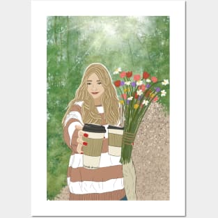 The girl with coffee and flowers Posters and Art